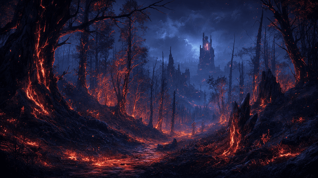 Emberfall environment concept showing a ruined fantasy landscape