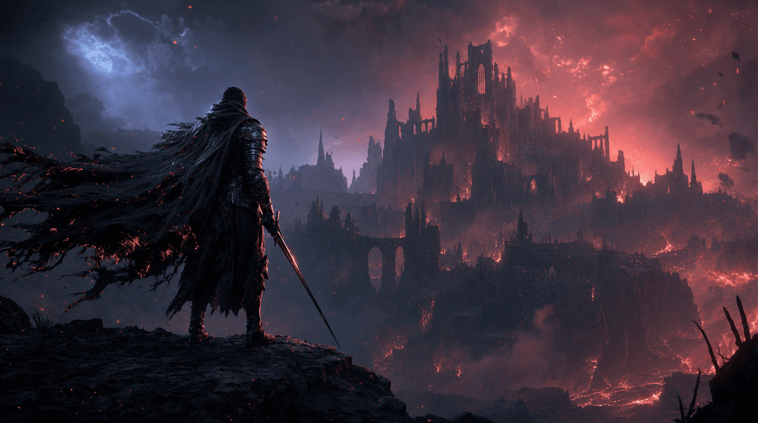 Emberfall concept artwork: a cloaked knight looks toward a ruined citadel