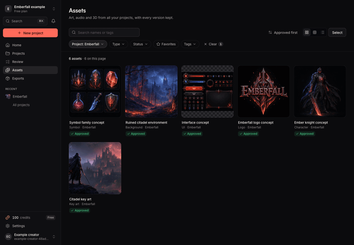 Fabrik asset library showing six named Emberfall concept assets and their approval status